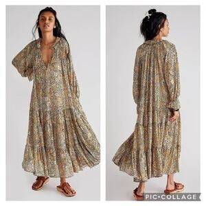 FREE PEOPLE  Feeling Groovy Black Combo Maxi Dress Tiered Dress US XS